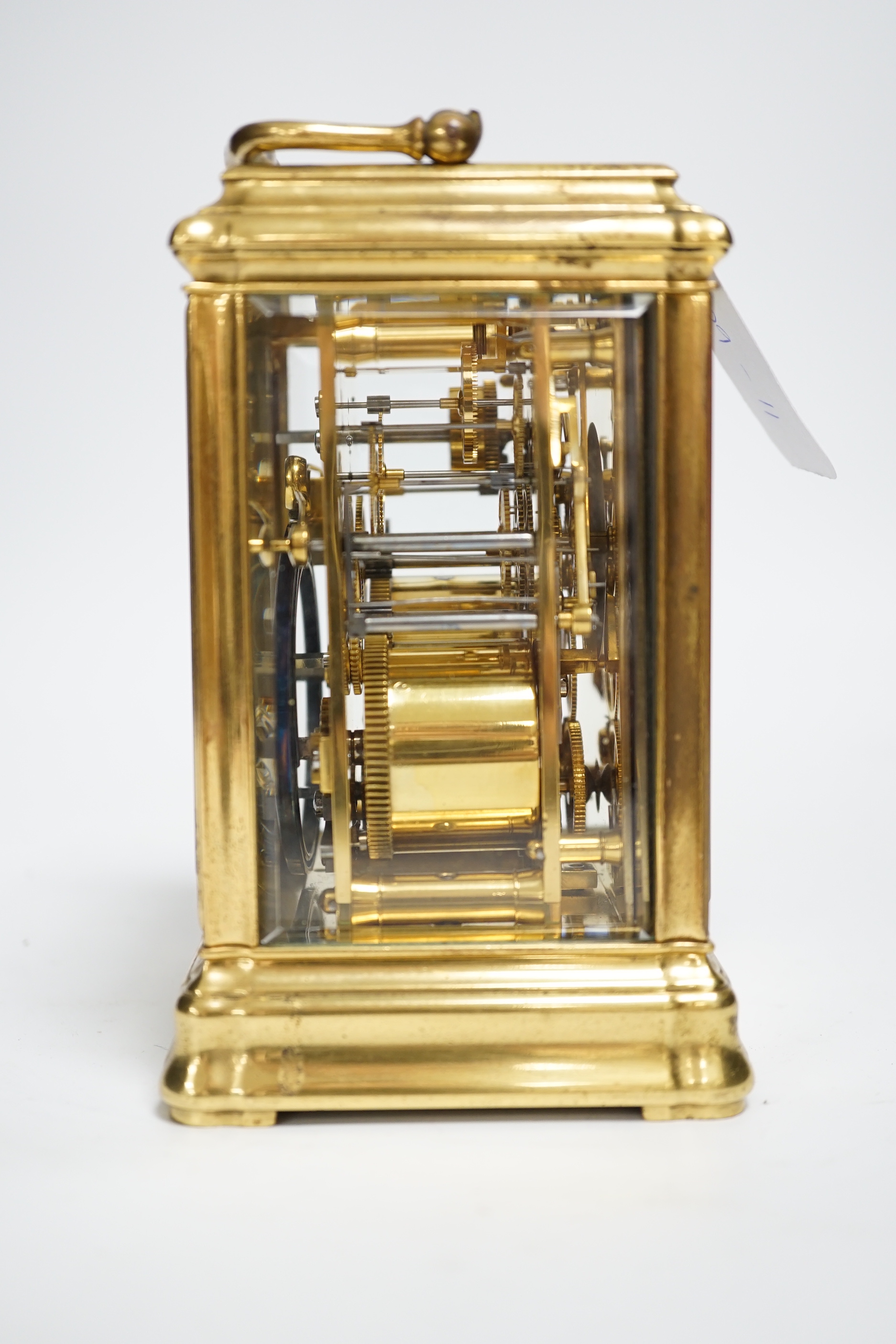 A French hour repeating brass gorge cased carriage clock with alarm, 15cm